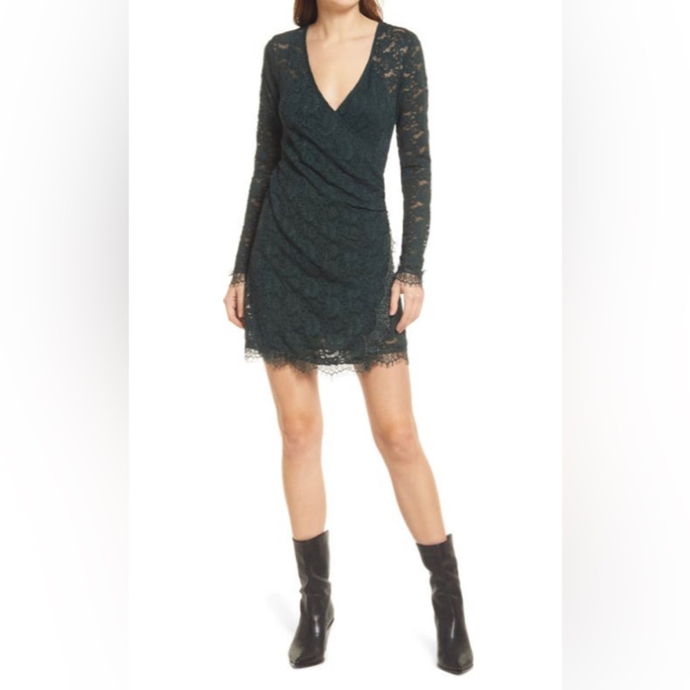 Free People Pearl Lace Long Sleeve Mini Dress Women’s Sz Medium NEW $148 Green